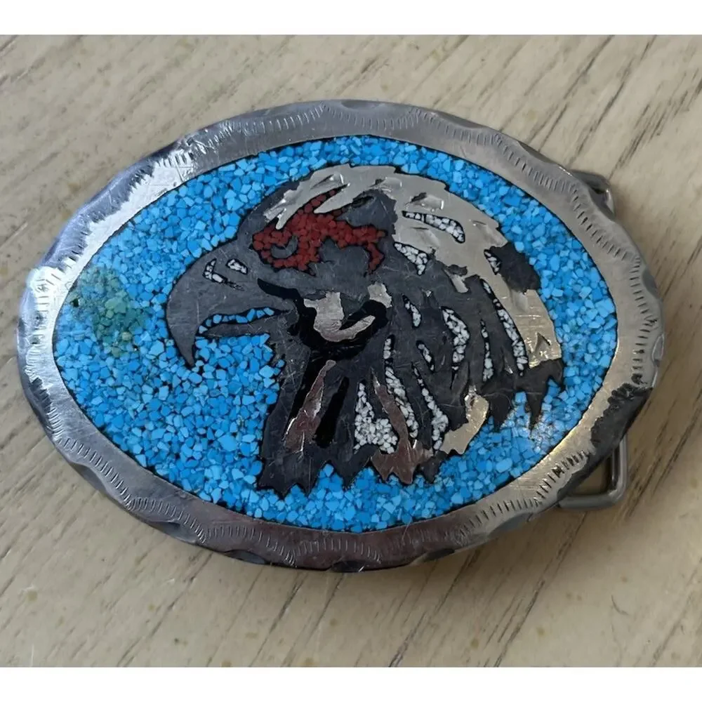 2 VTG EAGLE Belt Buckle Embossed Leather & Silver Turquoise USA American HEAVY